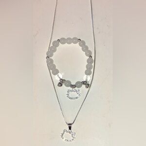 Hello Kitty Silver Charm necklace and Bracelet set with Heart Accents